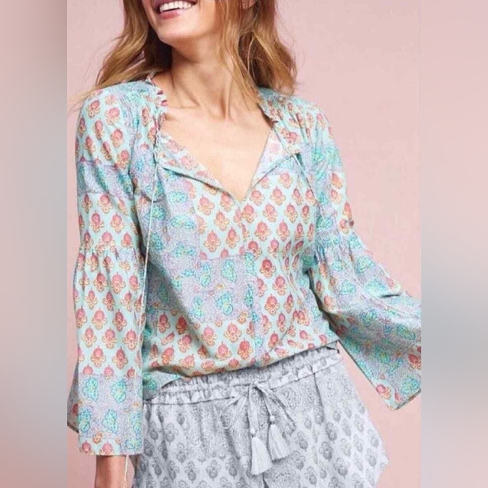Anthropologie Lilka Sweetest Dream Bell Sleeve Tassel Neck Boho Blouse S